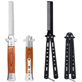 Canumer two-piece switch folding combs with wood grain finish for portable grooming on the go