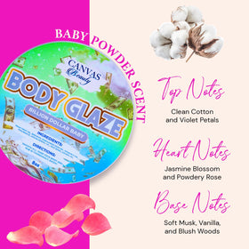 Canvas Beauty Body Glaze Billion Dollar Baby violet petals bottle offers luxurious shine without heaviness.