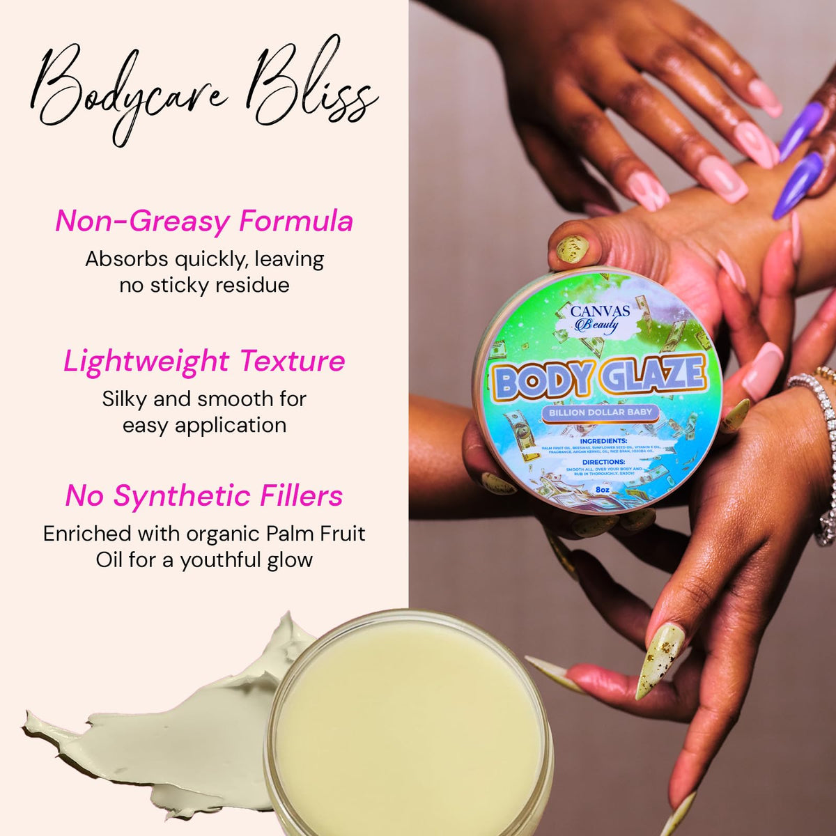Canvas Beauty Body Glaze with palm fruit oil delivers deep, fast-absorbing hydration.