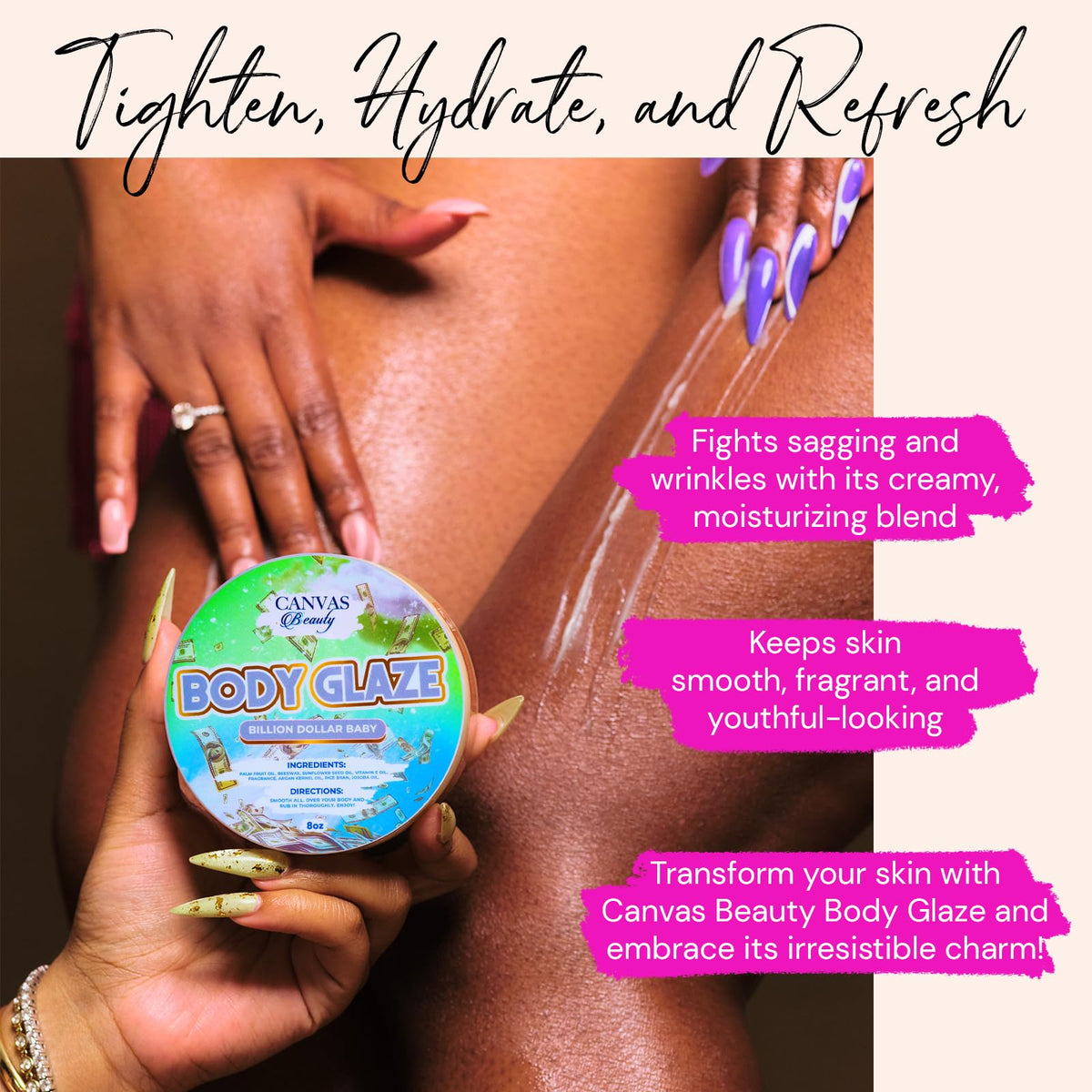 Canvas Beauty Body Glaze whipped texture glides smoothly for daily moisture.