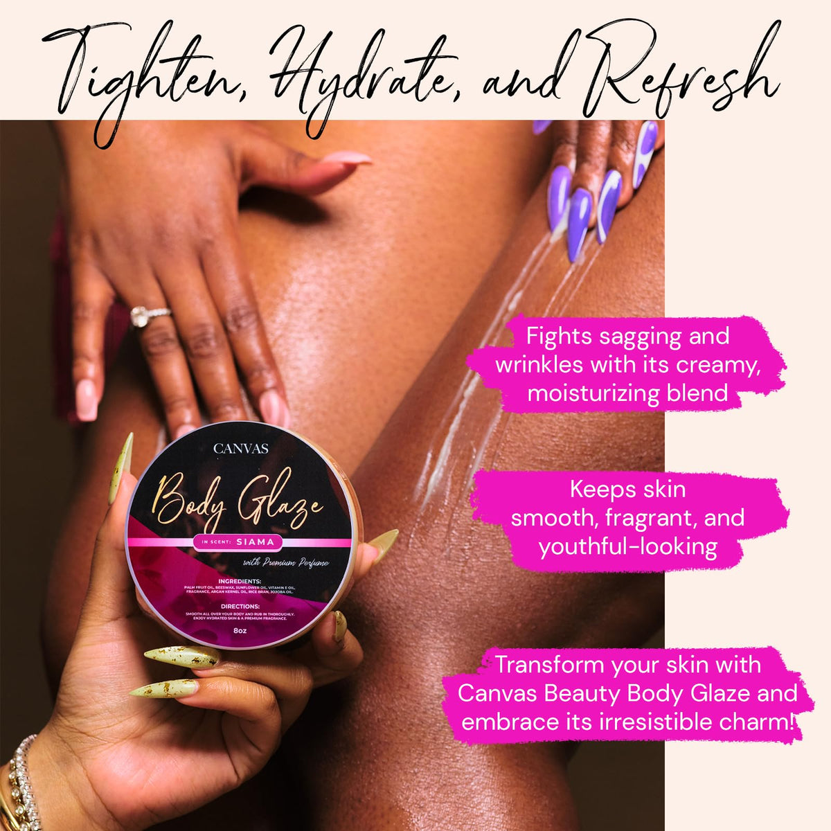 Applying Canvas Beauty Siama Body Glaze on the arm for smooth absorption.