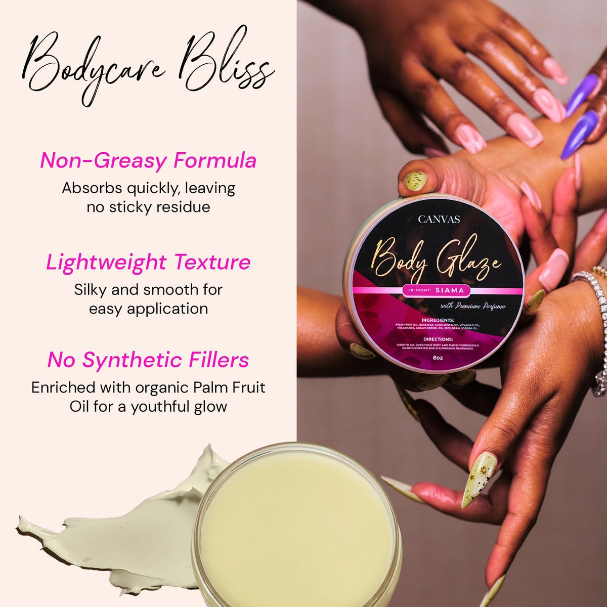 Canvas Beauty Siama Body Glaze absorbed on damp skin for lasting moisture.