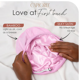 CAPLORD adjustable satin bonnet fits most head sizes for comfortable nightly wear.