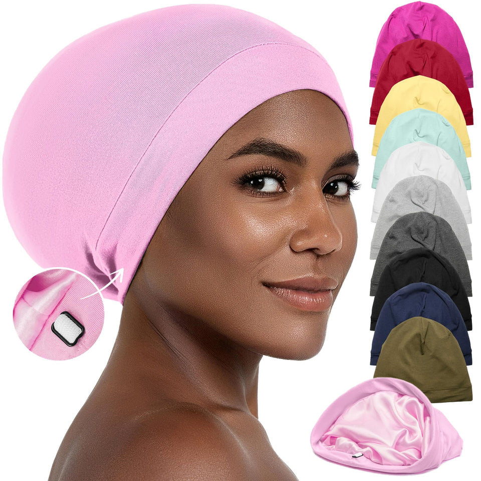 CAPLORD satin bonnet sleeping cap protects curls and minimizes friction overnight.