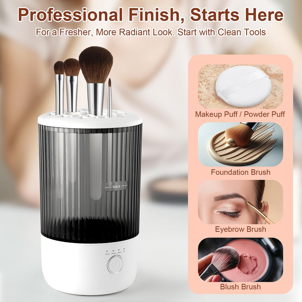Capot adjustable mesh lid secures varied brush sizes securely.