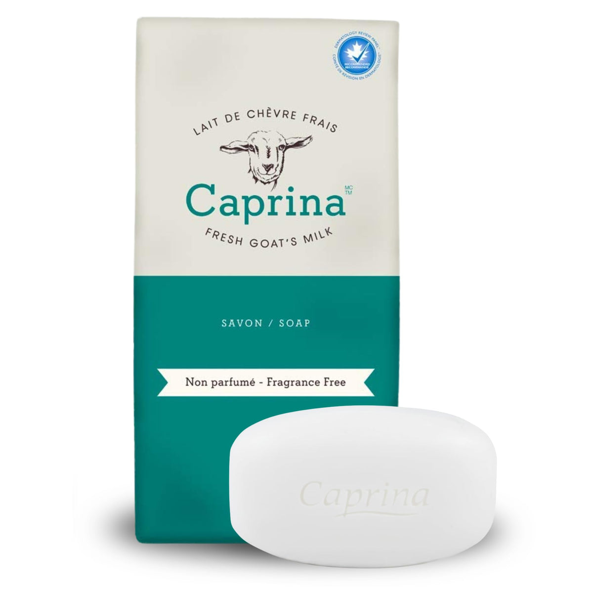 Caprina fresh goat milk bar soap six-pack shown in fragrance-free packaging for sensitive skin