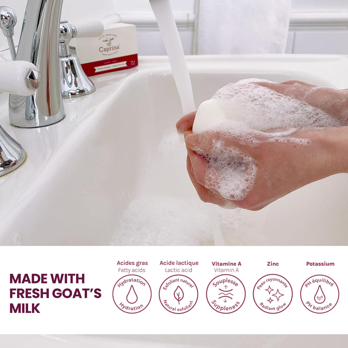 Caprina Fresh Goat Milk Original bar close-up shows creamy lather and moisturizing feel.