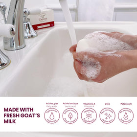 Caprina Fresh Goat Milk Original bar close-up shows creamy lather and moisturizing feel.