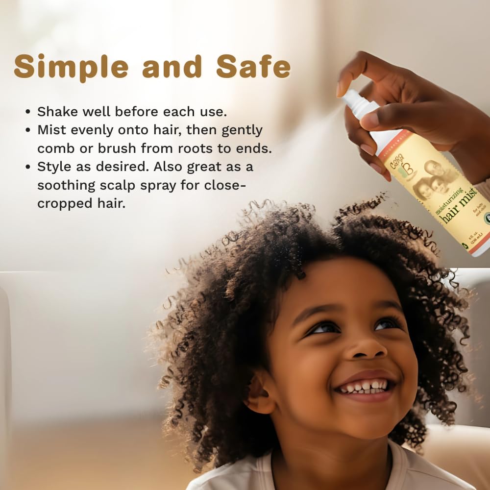 Child with textured hair during daily styling using CARA B Naturally mist.