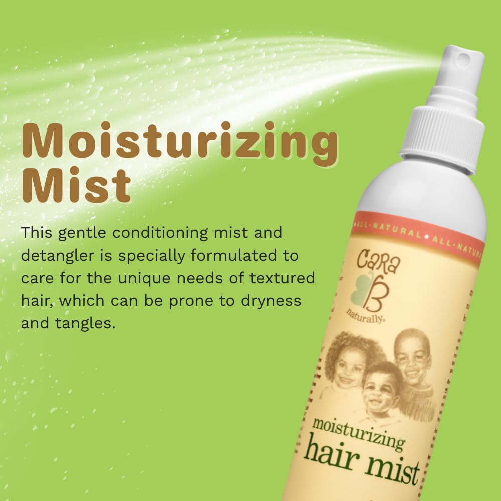 Spray-action shot of CARA B Naturally mist supporting easy detangling.