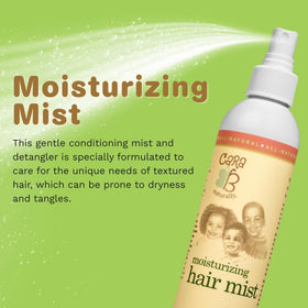 Spray-action shot of CARA B Naturally mist supporting easy detangling.