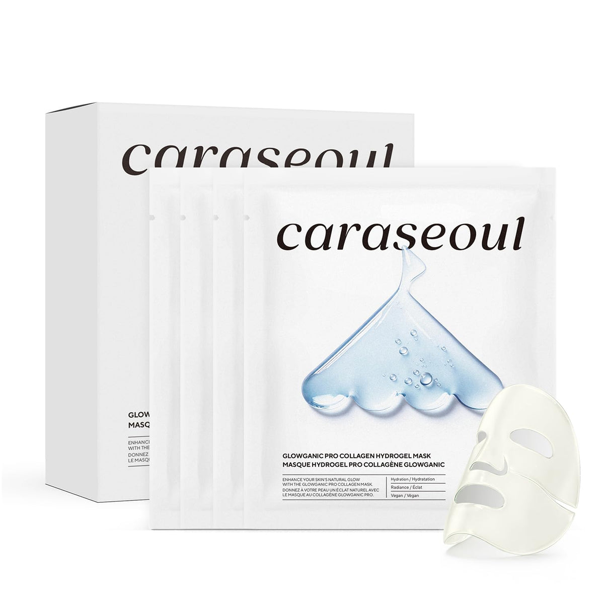 Caraseoul Glowganic Pro Collagen Mask hydrogel on face delivers radiant hydration