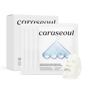 Caraseoul Glowganic Pro Collagen Mask hydrogel on face delivers radiant hydration