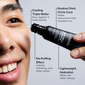 Cardon eye stick roller applying gentle pressure to reduce puffiness.