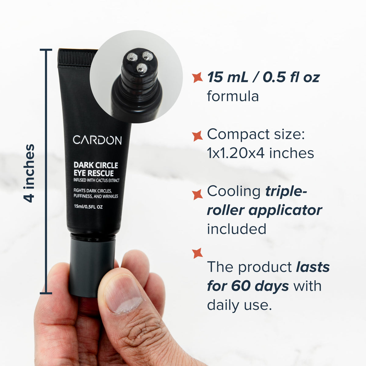 Cardon eye stick roller shown delivering soothing massage around eyes.