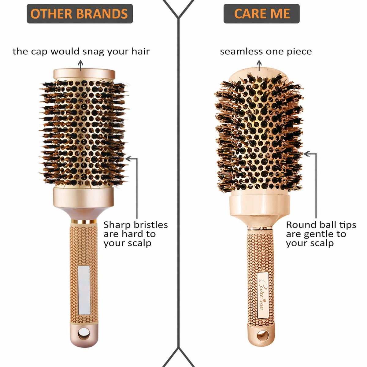 Ions-infused bristles on Care Me brush reduce frizz and boost shine.
