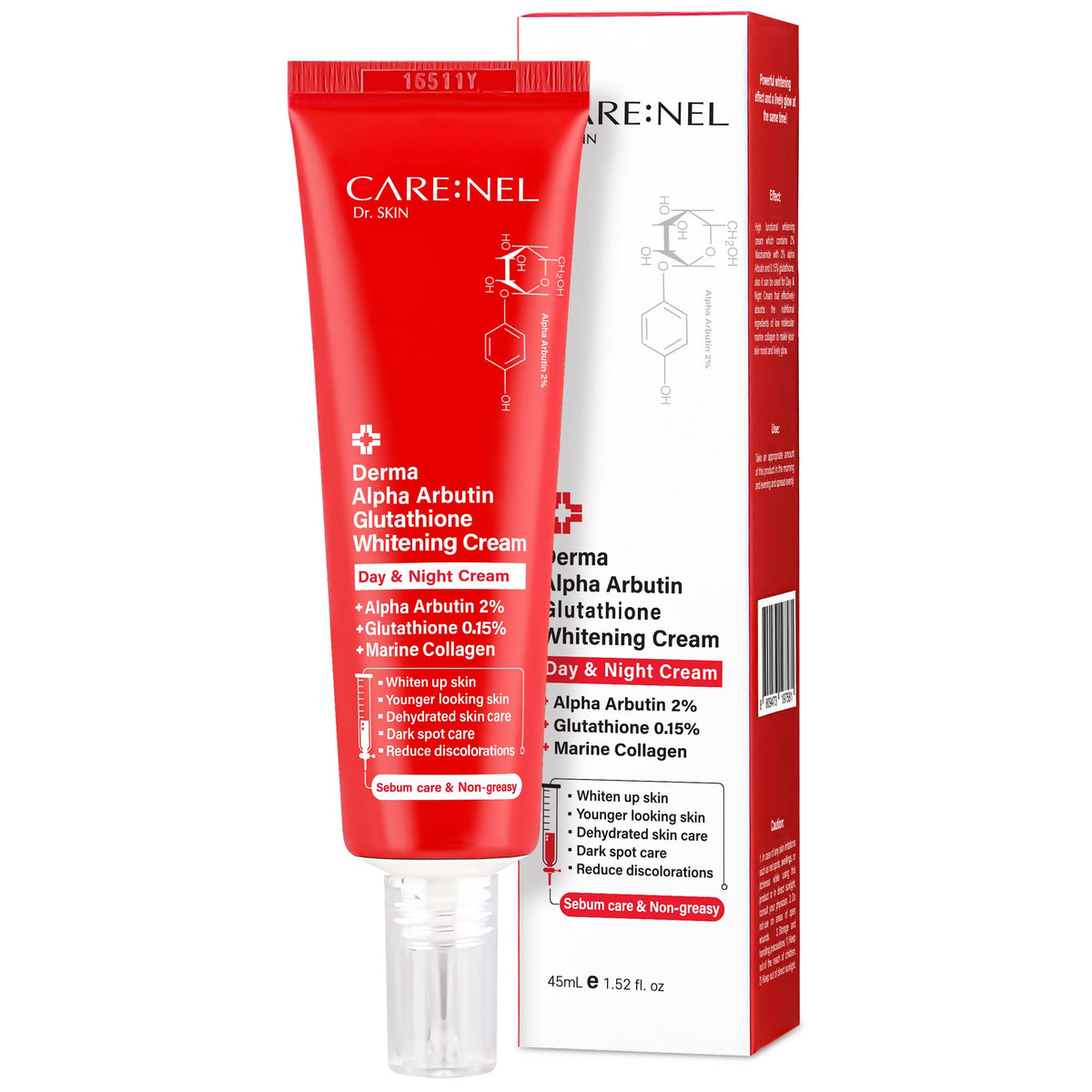 CARE:NEL Whitening Cream bottle front view for an even, radiant skin tone.