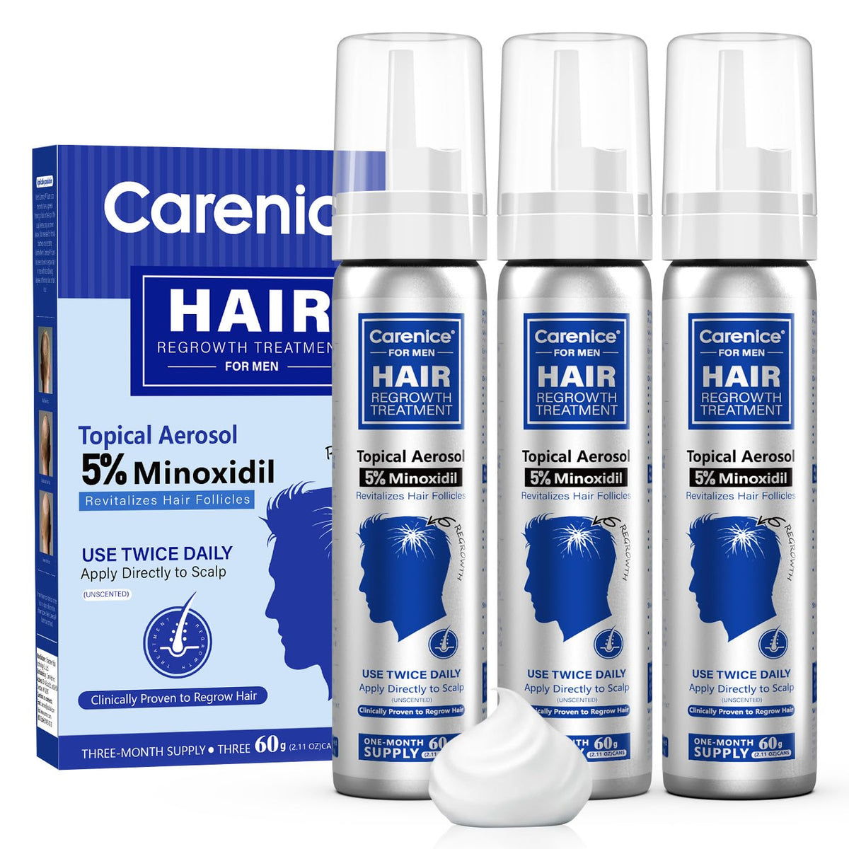 CARENICE 5% minoxidil foam being applied to the scalp for potential hair growth