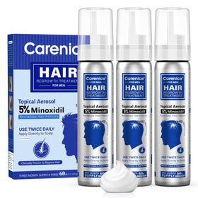 CARENICE 5% minoxidil foam being applied to the scalp for potential hair growth