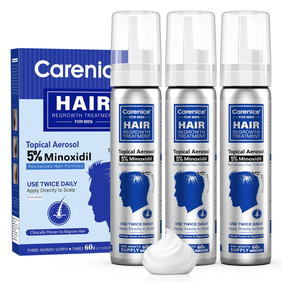 CARENICE 5% minoxidil foam being applied to the scalp for potential hair growth
