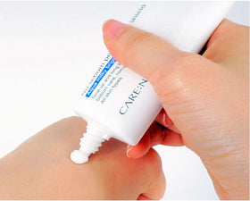 CARE:NEL no-sebum sunscreen close-up shows creamy texture that keeps skin shine-free.