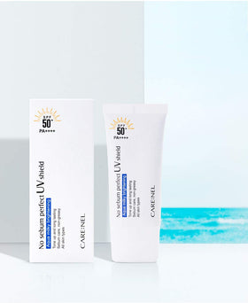 CARE:NEL waterproof sunscreen packaging highlights durable protection during outdoor activities.