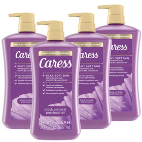 Caress Black Orchid and Patchouli body wash pump bottle with long-lasting fragrance