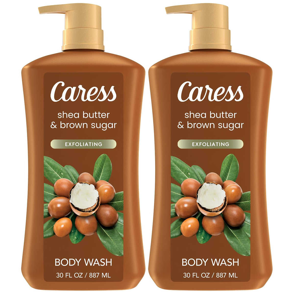 Caress body wash bottle with shea butter and brown sugar for a hydrating cleanse.