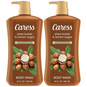 Caress body wash bottle with shea butter and brown sugar for a hydrating cleanse.