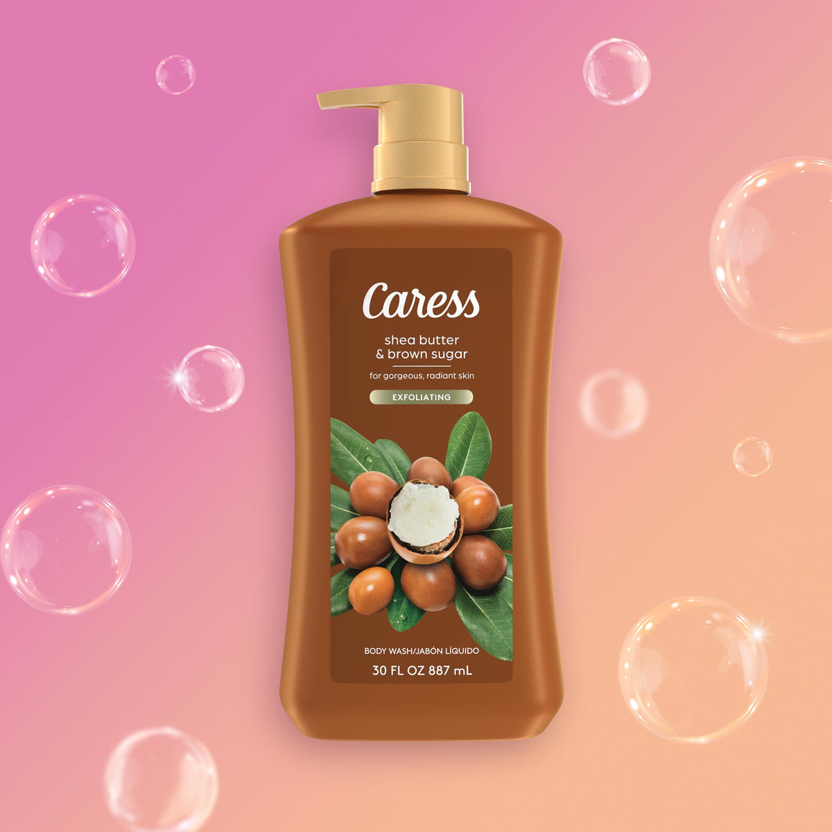 Caress bottle pour reveals rich lather ideal for a pampering shower.