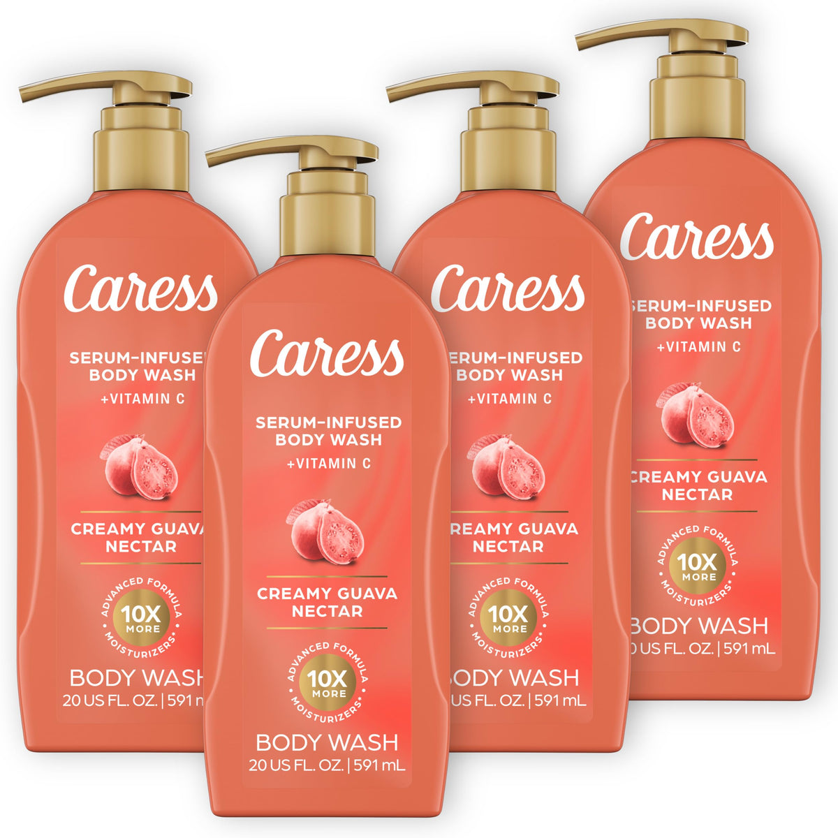 Caress Creamy Guava Nectar Body Wash pump bottle showcases an indulgent cleanse with rich moisture.
