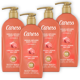 Caress Creamy Guava Nectar Body Wash pump bottle showcases an indulgent cleanse with rich moisture.
