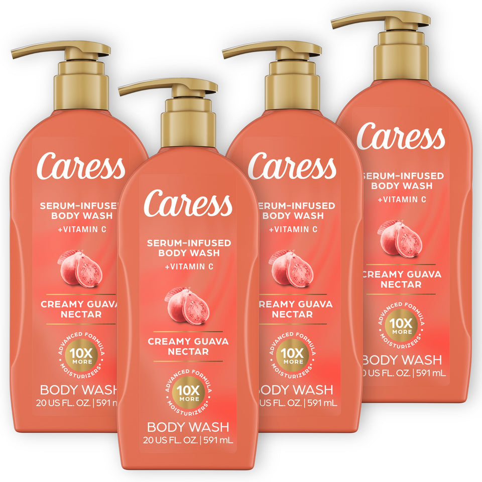 Caress Creamy Guava Nectar Body Wash pump bottle showcases an indulgent cleanse with rich moisture.