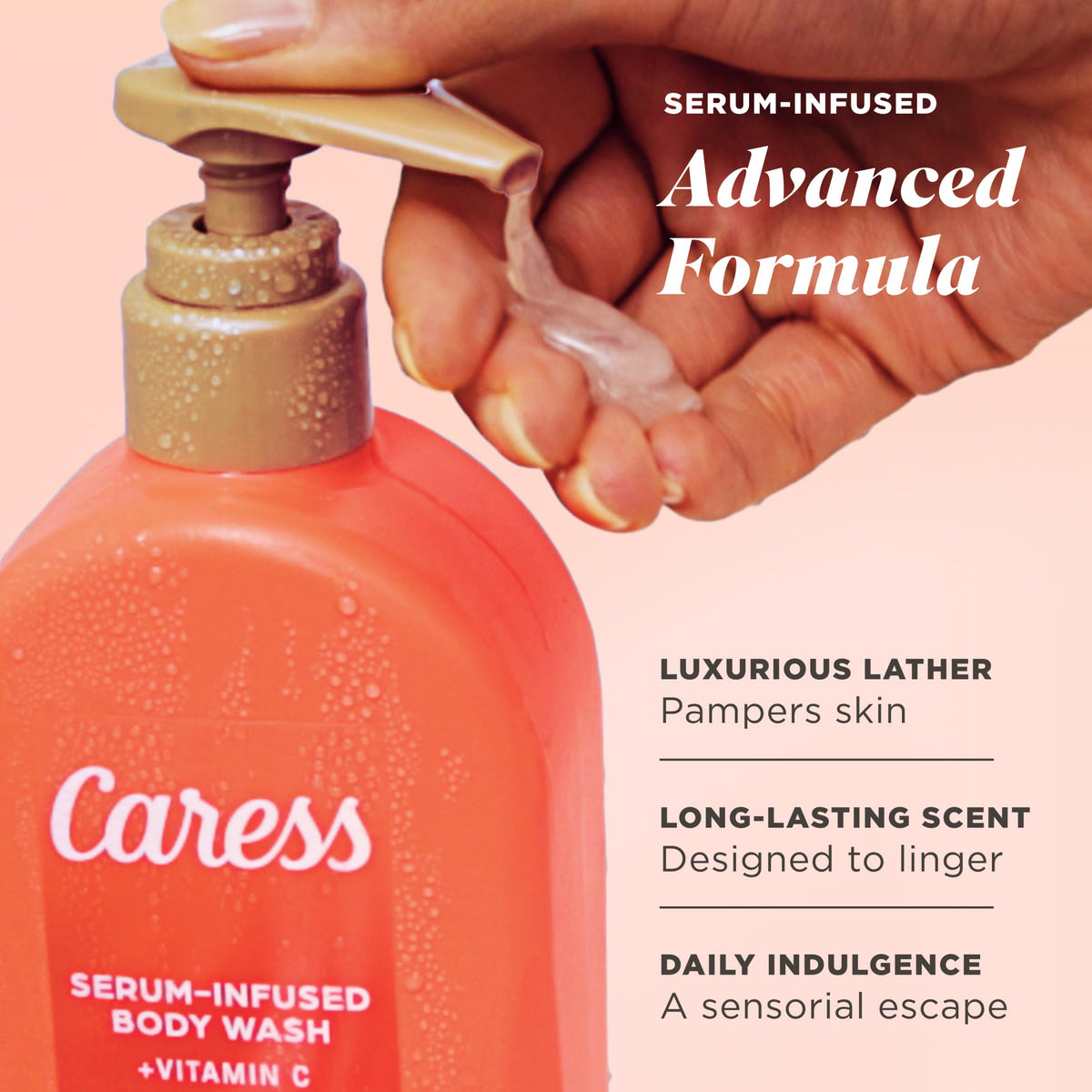 Caress Creamy Guava Nectar lather closeup highlights creamy texture for silky-smooth skin.