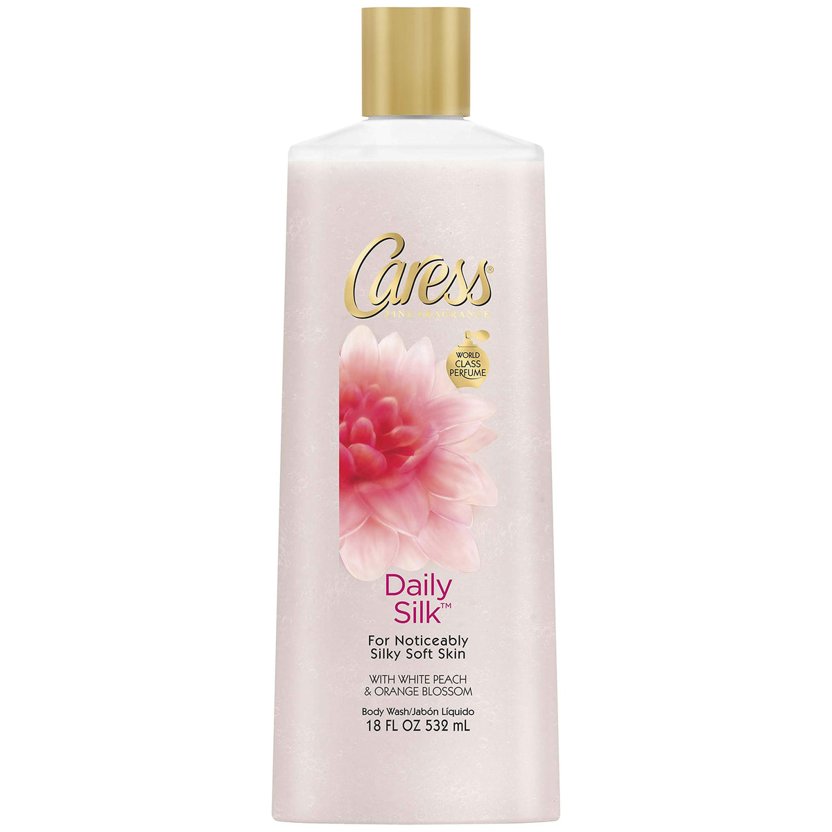 Caress Daily Silk bottle with white peach and orange blossom scent for a silky, refreshing rinse.