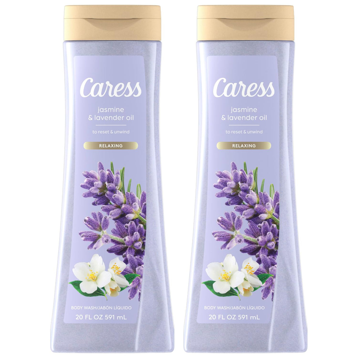 Caress Jasmine & Lavender Body Wash bottle with soothing fragrance for a relaxing shower.