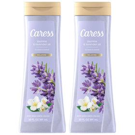 Caress Jasmine & Lavender Body Wash bottle with soothing fragrance for a relaxing shower.