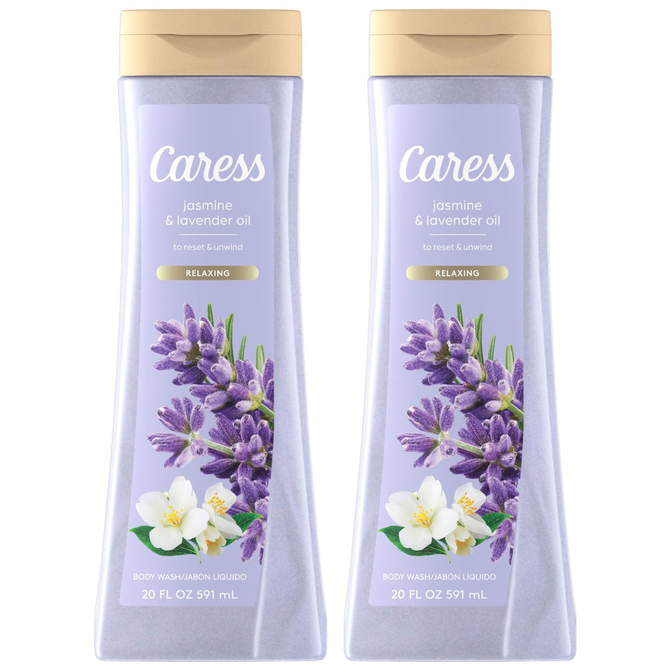Caress Jasmine & Lavender Body Wash bottle with soothing fragrance for a relaxing shower.