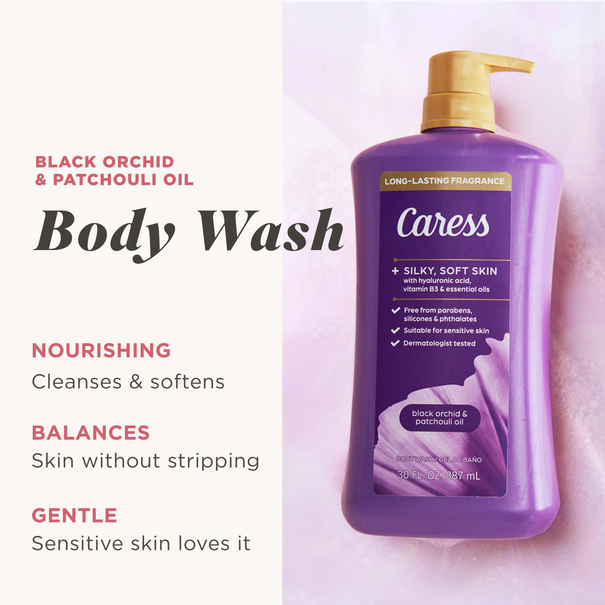 Caress luxurious foam close-up showing rich lather for pampering showers