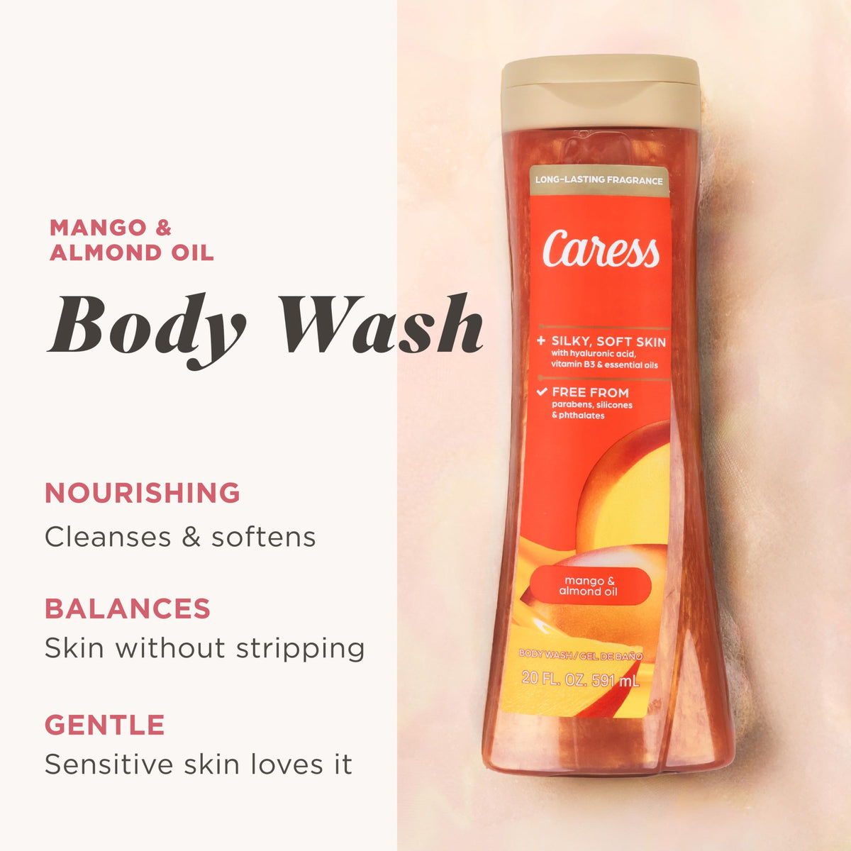 Caress luxury fragrance swirl visualizing a premium shower scent that lasts.