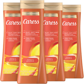 Caress Mango & Almond Oil Body Wash bottle with long-lasting tropical fragrance.