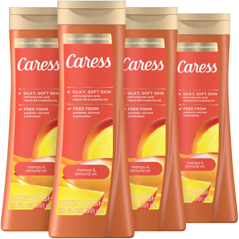 Caress Mango & Almond Oil Body Wash bottle with long-lasting tropical fragrance.