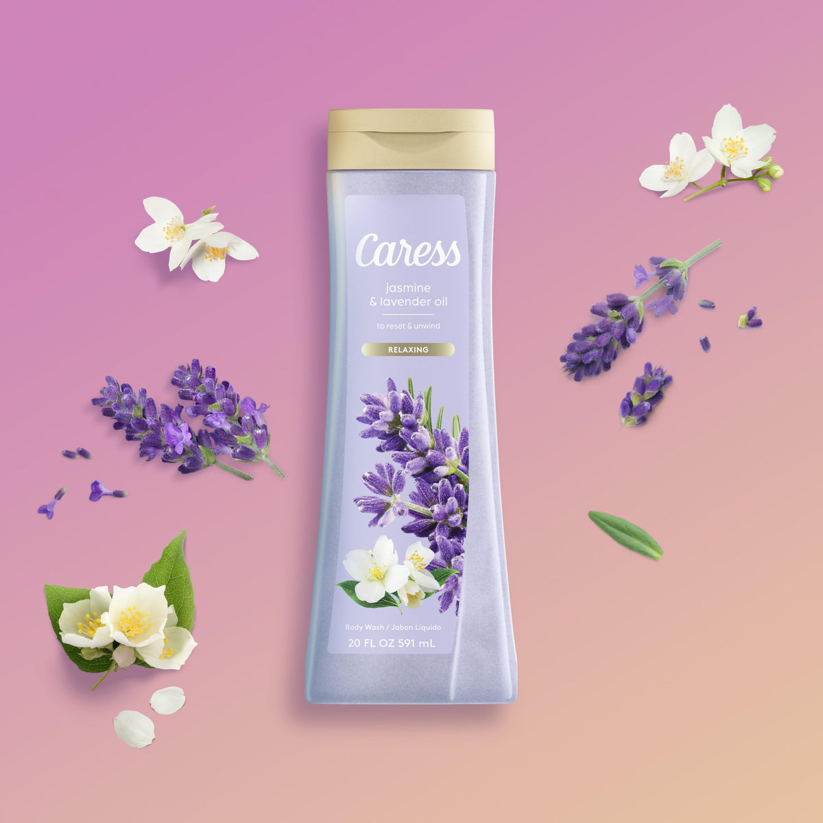 Caress jasmine-lavender shower energizes senses and promotes calm.