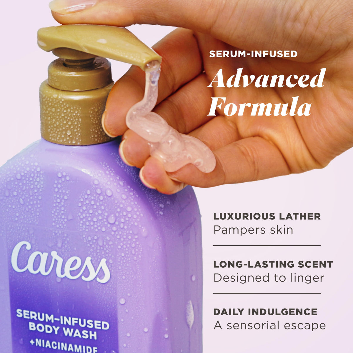 Caress Creamy Vanilla Blossom serum-infused bottle close-up showing hydration boost.