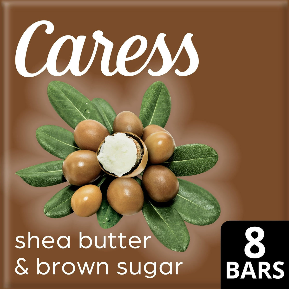 Caress Shea Butter & Brown Sugar bars in eight-count packaging indicating value.