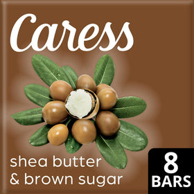 Caress Shea Butter & Brown Sugar bars in eight-count packaging indicating value.