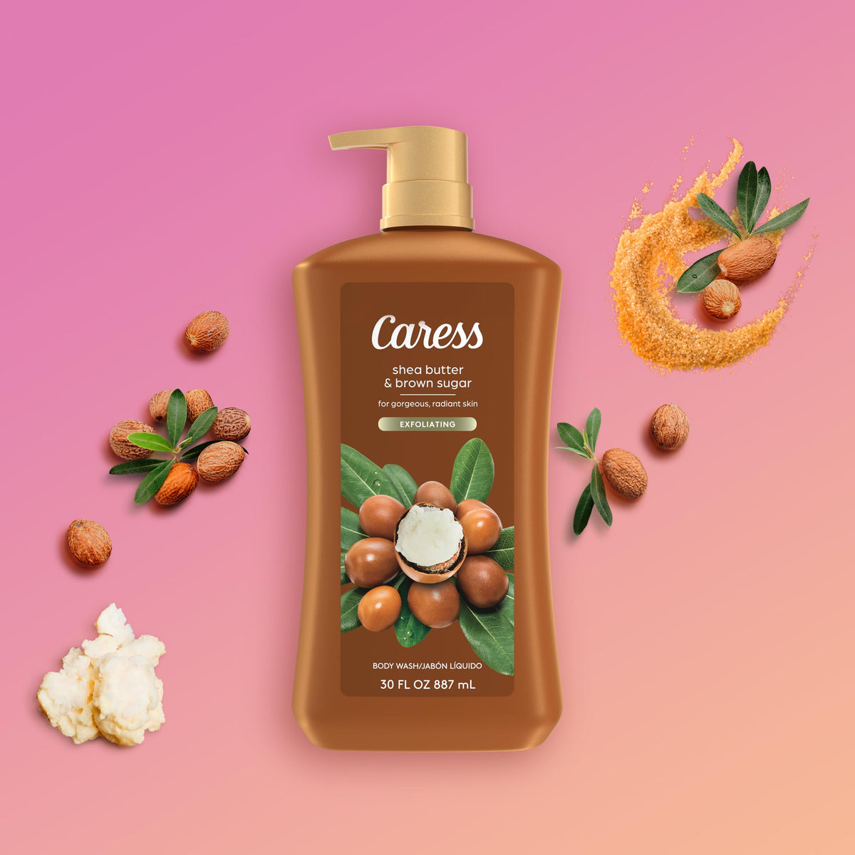 Caress label highlights shea butter and brown sugar aroma for a comforting shower.