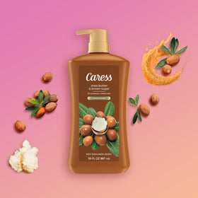 Caress label highlights shea butter and brown sugar aroma for a comforting shower.