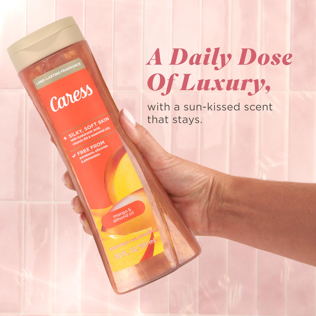 Caress soft-glow skin after rinse visuals highlight radiant, moisturized feel.