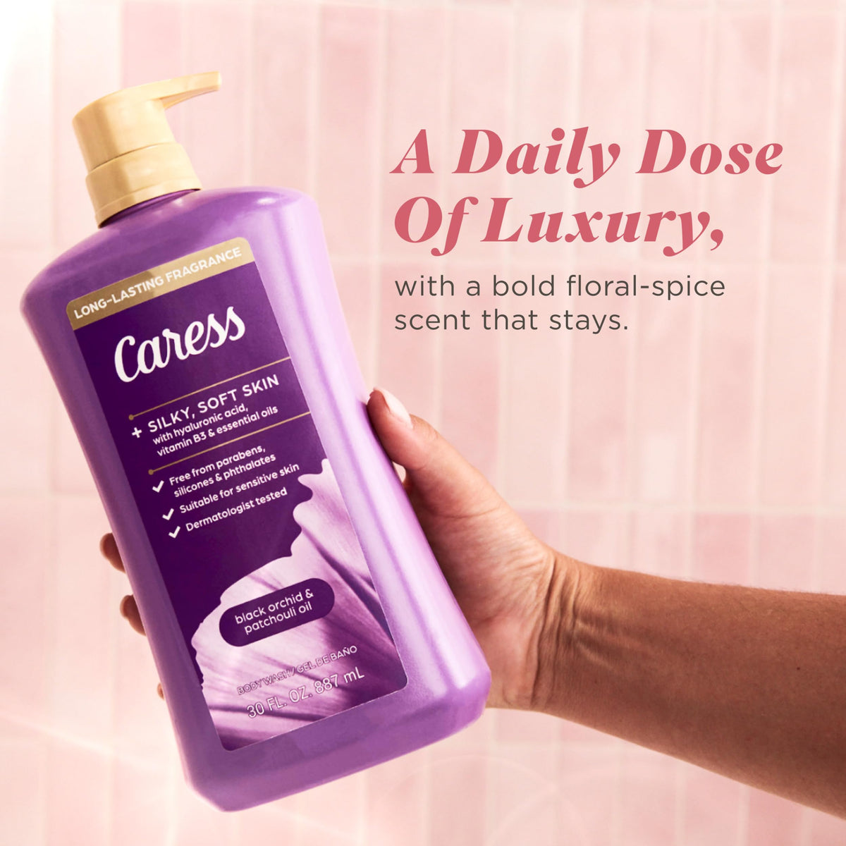 Caress bottle shows soft skin glow after use